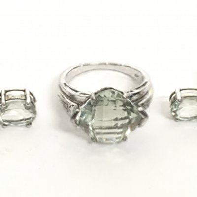 Silver green amethyst ring and earrings, ring size O. Postage category A