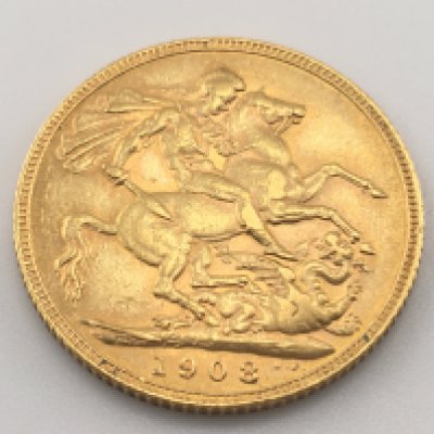 A 1908 full sovereign. Postage cat A.