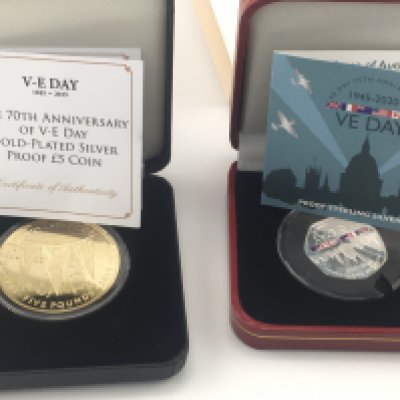 Gold plated silver proof &pound;5 coin and a proof sterling silver 50p coin. Postage B
