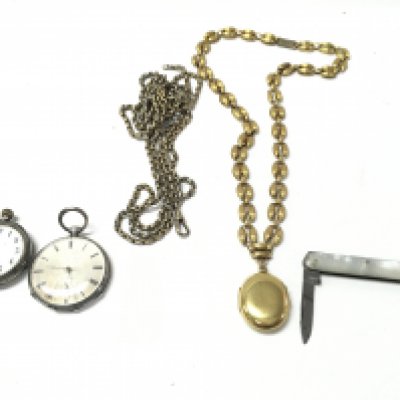 A gold plated locket and watch chain along with a silver cased pocket watch and one other and a mother of pearl effect pen knife.