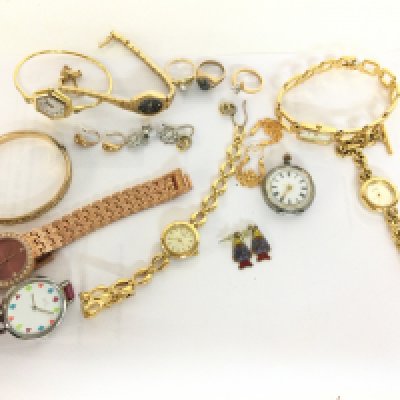 A collection of costume Jewellery including a silver hallmarked cased fob watch, Sekonda watch, Rotary, Accurist, rings etc. postage category B