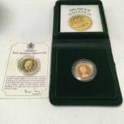 A 1980 proof sovereign with a Queen Elizabeth Medallion.