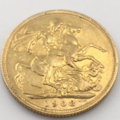 A 1908 full sovereign with Melbourne mint mark. Postage cat A.