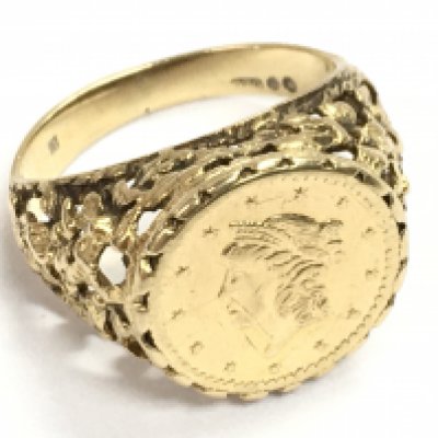 A United States of America 1853 gold tallar 9 carat gold ring, size I/J. 4.5g Postage category a