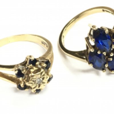 9 carat gold rings one set with Marquise stones and one Sapphire and diamond. Size K. Overall weight 5.7g. Postage category A