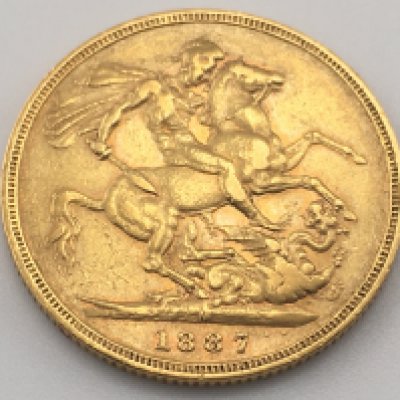 An 1887 full sovereign with Melbourne mint mark. Postage cat A.