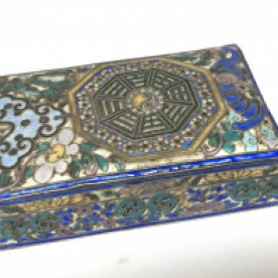 A Quality Chinese late 19th or early 20th century silver and enamel snuff box with a detailed floral pattern and octagonal pattern caricature marks to inside base. 6cmx4cm