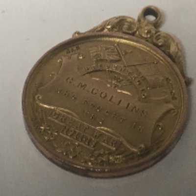 A 9carat gold I world war medal presented to C M Collins who fought in the Great War. Weight 11g