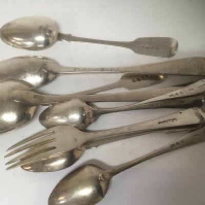 A collection of George III and later silver spoons mixed hallmarks including one spoon with George II hallmarks marks worn.