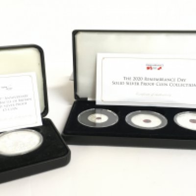 A Jubilee Mint 2020 Remembrance Day solid silver proof coin collection and Jubilee Mint 80th Anniversary of the Battle of Britain solid silver proof &pound;5 coin. Postage category B