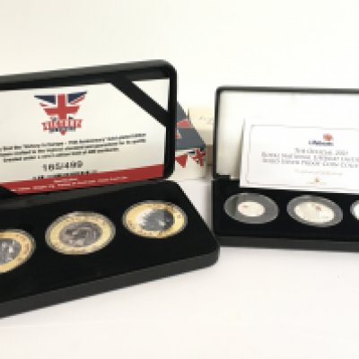 The Official 2021 Royal National Lifeboat Institution solid silver proof coin collection and Victory in Europe 75th anniversary gold plated edition box set. Postage category B