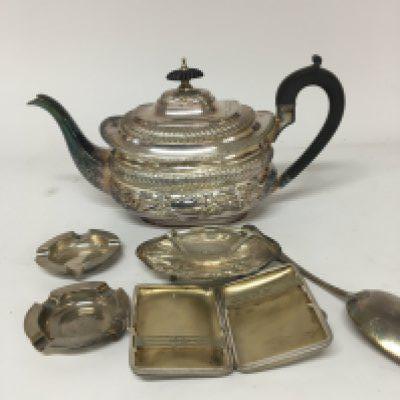 Two silver ash trays a silver dish George III silver table spoon a cigarette case and a silver plated tea pot.