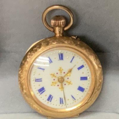 A 14ct gold cased ladies fob watch. (A)