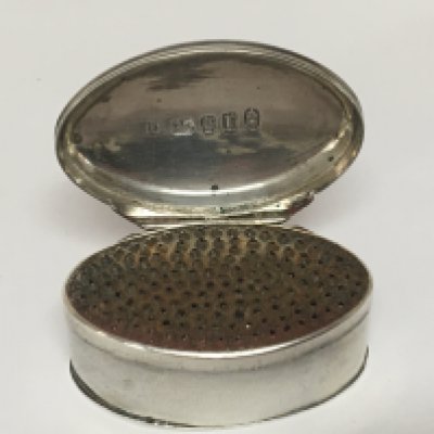 A good example of an 18th Century Silver nutmeg grater of oval shape with a hinged top and base London 1792 hallmarks maker Phillips & Robinson. Nice condition clear hallmarks. Length 5cm