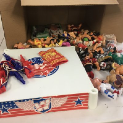 A collection of vintage and retro WWF Hasbro figures.  Includes wrestling ring and numerous belts.