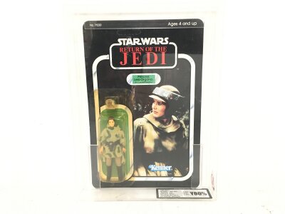 A Vintage Star Wars Return Of The Jedi Princess Leia Organa Carded Figure 77 Bk. Graded Y80 And In A Sealed in Perspex Box.