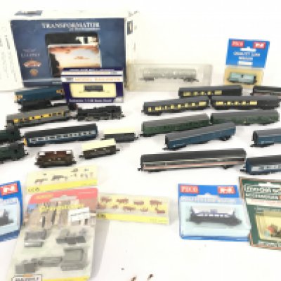 A Collection Of N Gauge Locomotives (2 For Spares) Wagons. Coaches. Accessories And A Transformer.