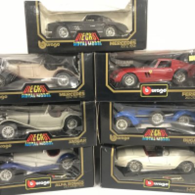 7 Boxed Burago 1/18 Scale Cars. No Reserve.