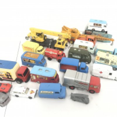 A Collection Of Playworn Diecast including Dinky. Corgi. And A Boxed Corgi Smiths Karrier Bantam Mobile Butchers Shop #413. No Reserve.