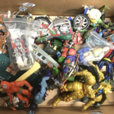 A Box Containing Various Toy/Figures Including Masters Of The Universe. Biker Mice. Turtles. Power Rangers Etc. No Reserve.