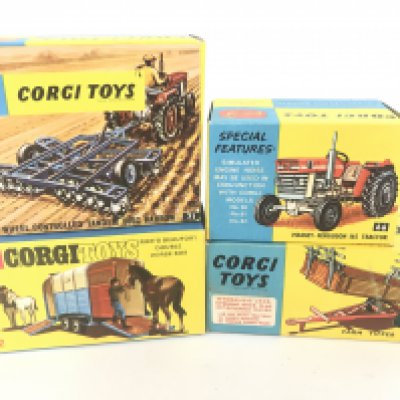 A Boxed Corgi Toys Massey-Ferguson 165 Tractor #66. A Wheel Controlled Tandem Disc Harrow #71. Rices Beaufort Double Horse Bow ##112 And A Farm Tipper Trailer #62. No Reserve.