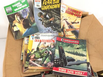 A Box Containing A Collection Of Vintage Commando A War Picture Library Comics And Books.. No Resere.