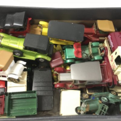 A box containing a collection of Matchbox diecast model vehicles from the Models of Yesteryear series. No reserve