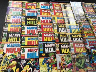 A collection of marvel hulk comics.