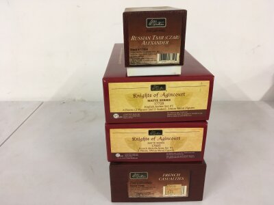 4 x boxed metal minature military models by Britains featuring 17359 Russian Tsar Alexander, 17728 and 17685 Knights of Agincourt, 17298 French Casualties.  No reserve