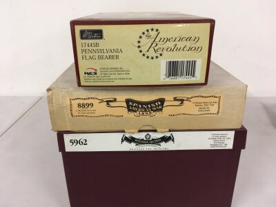 4 x boxed sets of metal minature military models by Britains, includes 17445B Pennsylvania Flag bearer, 8899 Spanish American War, 5962 Pontoon section Royal Engineers.  No reserve