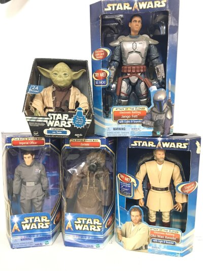 4 Boxed 12 inch Star Wars Figures And A Boxed Talking Yoda. No Reserve.(2).