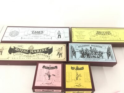A Collection Of Boxed Britains. British Infantry. Essex Regiment. Royal Marines. Steadfast Soldiers. Mounted Royal Dragon And 16th Lancer.