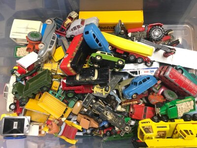 A Box Containing Playworn Diecast. Including Dinky. Corgi. And Mail Away Toys. Etc,