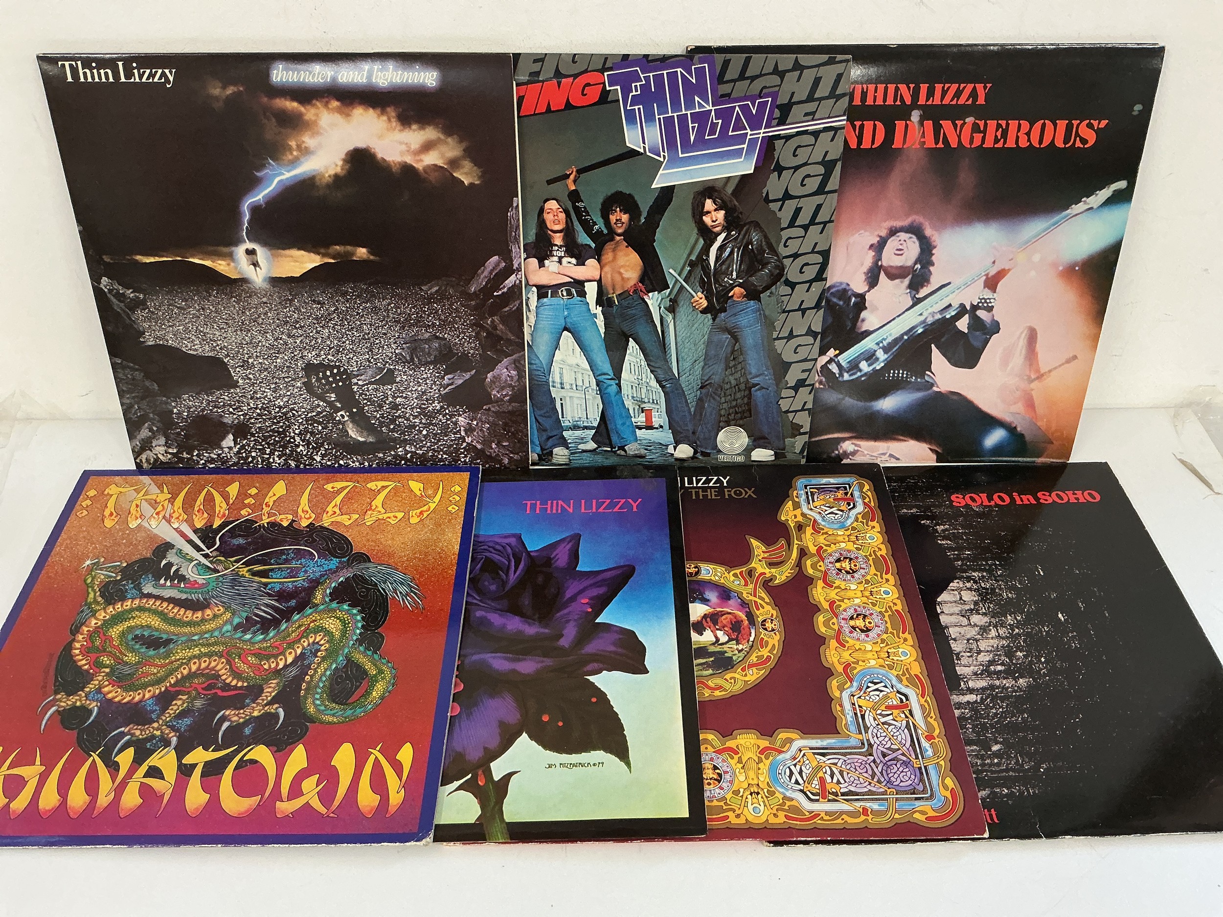 Seven Thin Lizzy and related LPs comprising Chinatown, Johnny The Fox, Solo In Soho and others.