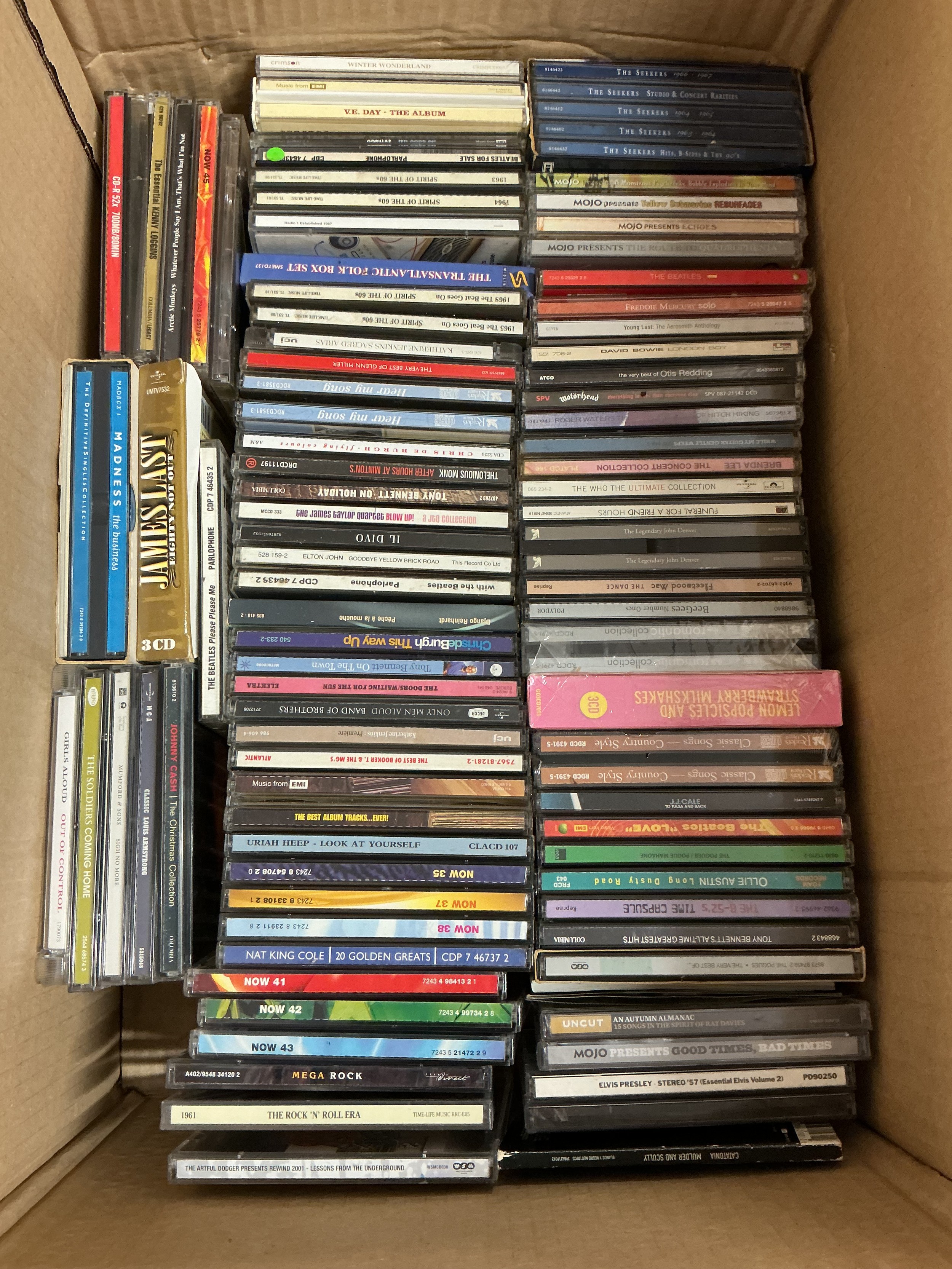 Four boxes of CDs by various artists including The Beatles, Led Zeppelin, Pink Floyd and many more.