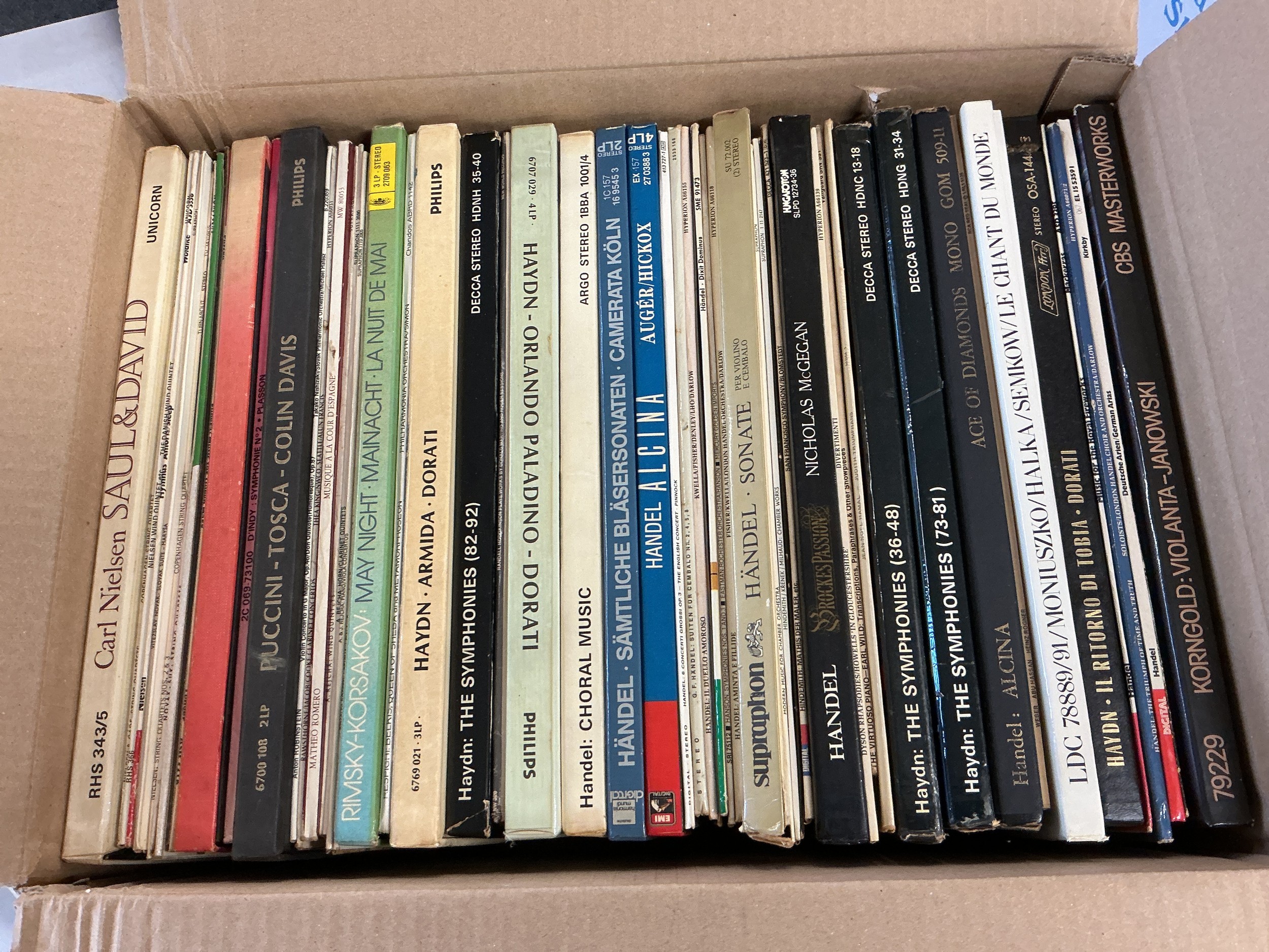 Four boxes and three bags of classical music LPs including many box sets.