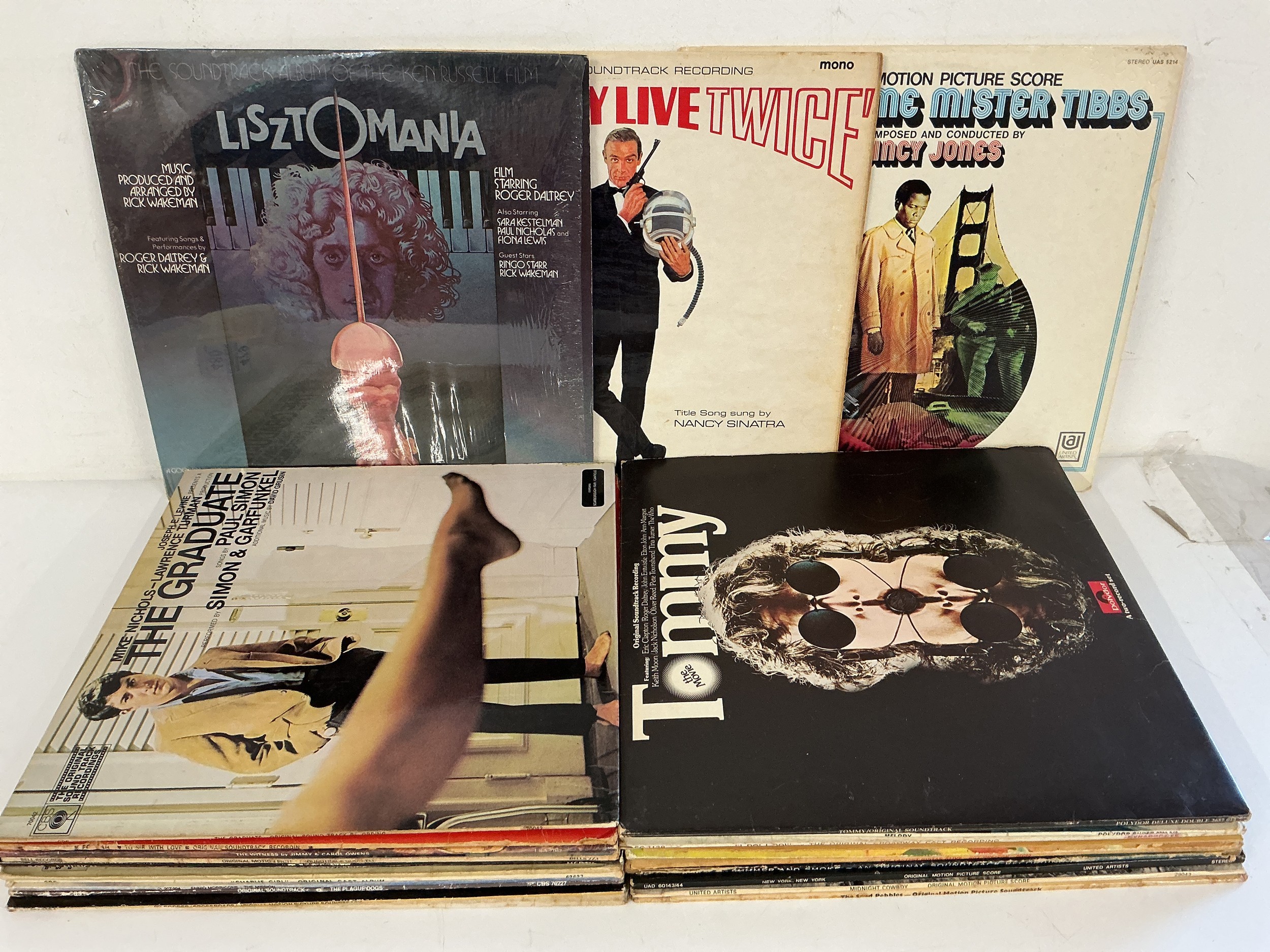 A collection of movie and stage show soundtrack LPs comprising You Only Live Twice, Tommy, Lisztomania and others.