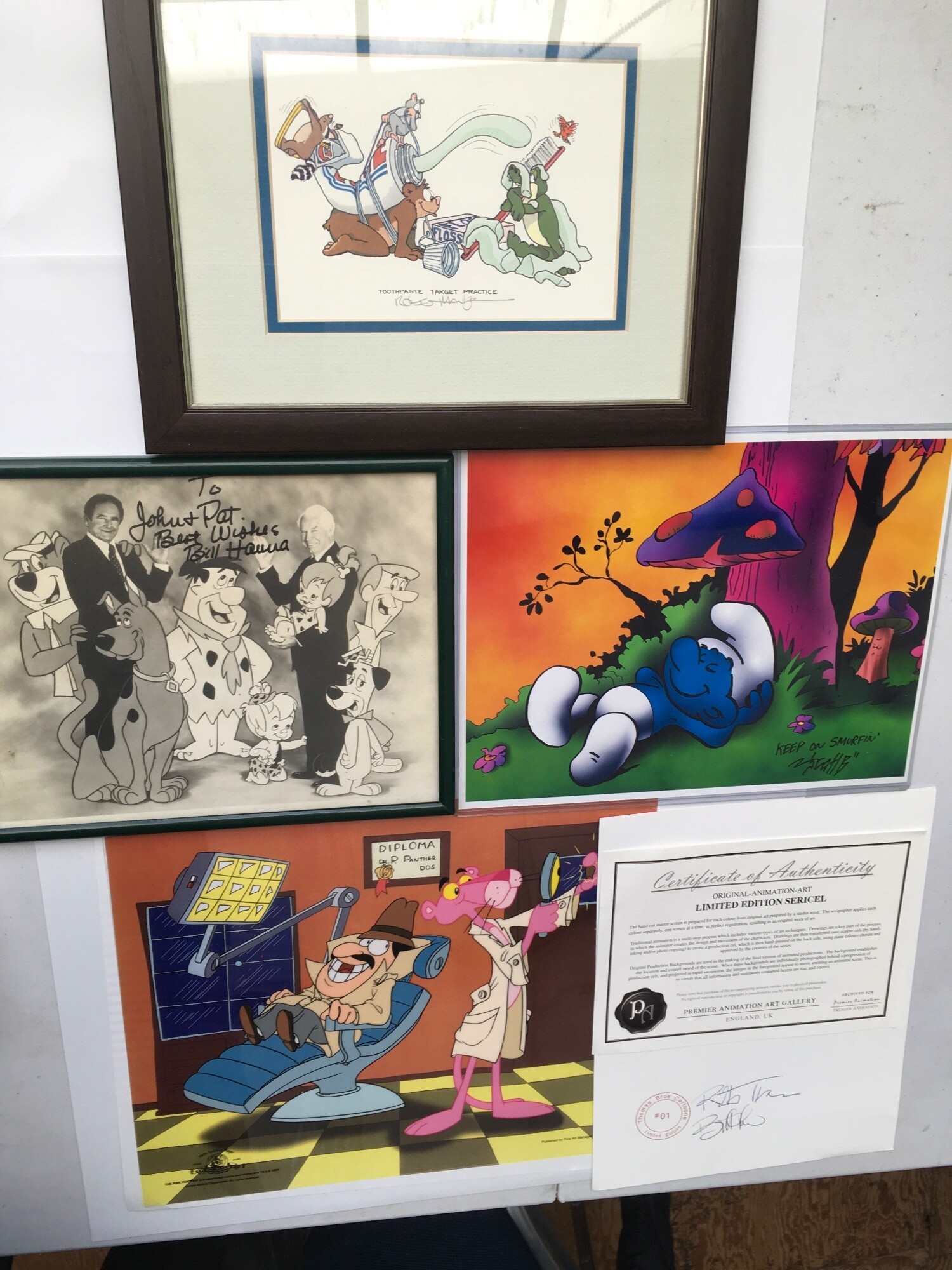 Three Pink Panther sericel artworks, a Bill Hanna of Hanna Barbera signed photo plus other signed animation items.