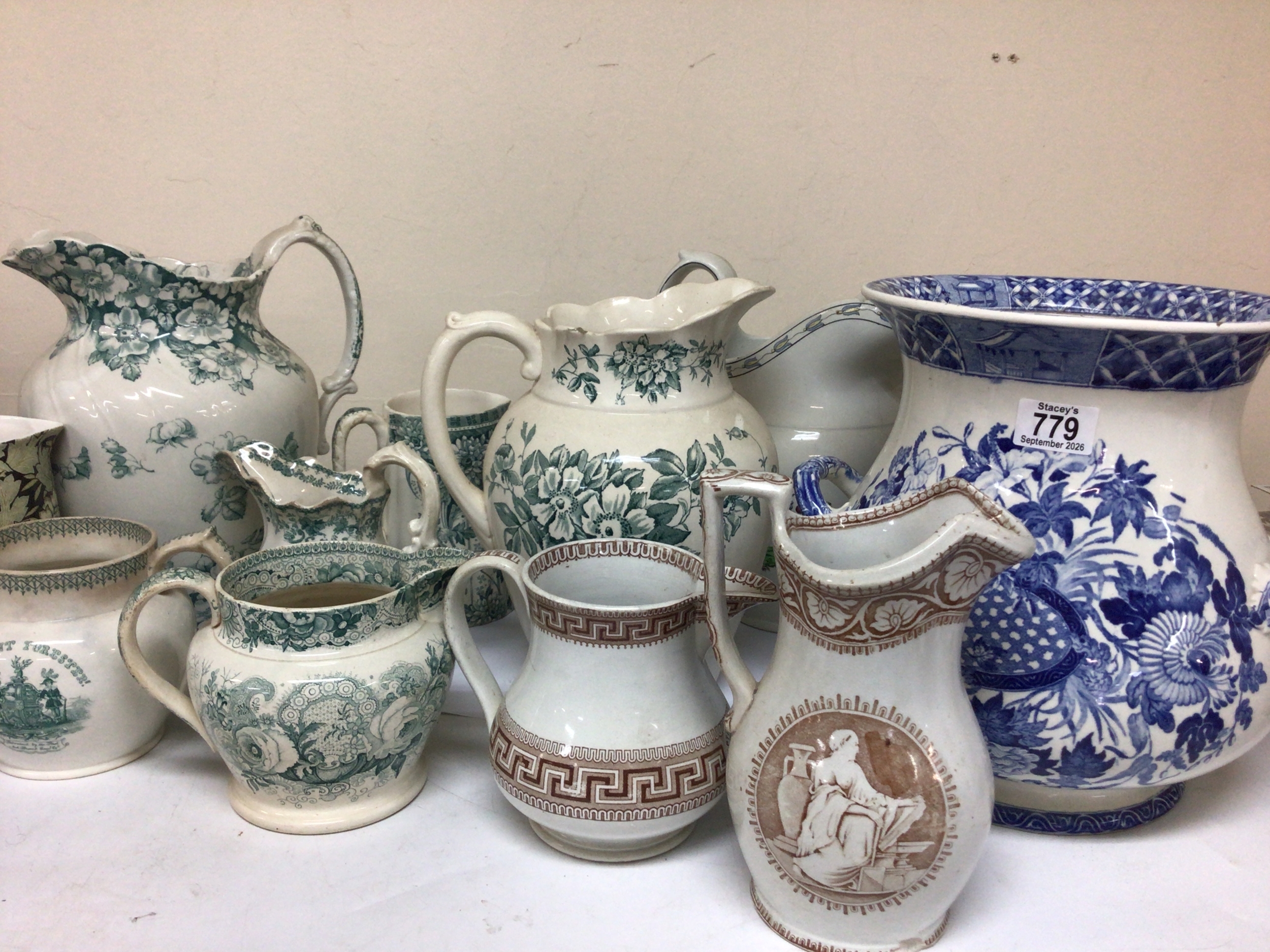 A collection of Victorian jugs. Including large water washing jugs. 