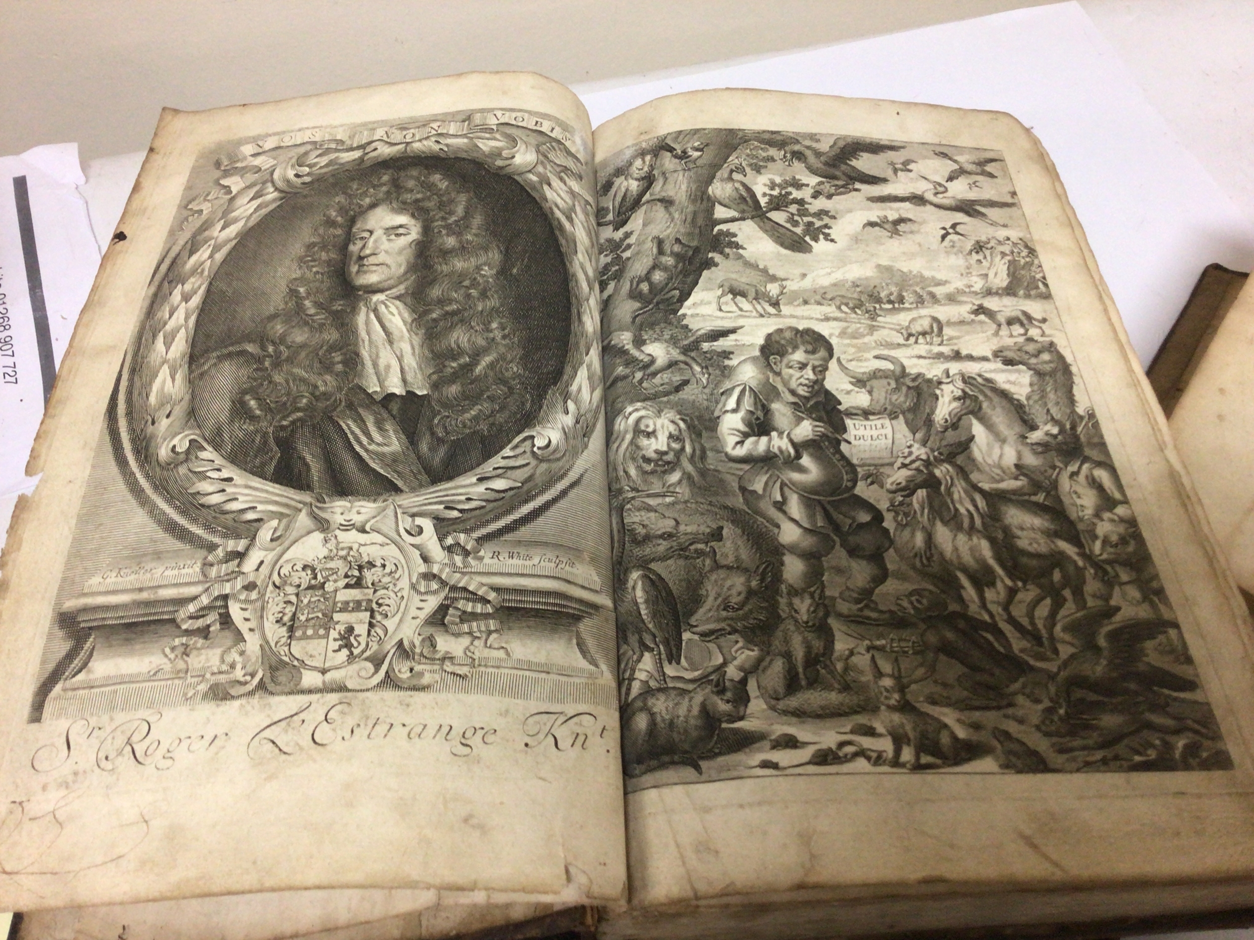  A 17th Century leather bound book Fables of Aesop 1st Edition 1692 by Sir Roger L'Eftranger Kt. Also The works of Dr John Tillotson  Lord Archbishop of Canterbury. 1720 leather bound also Expossition of the New Testament  1775 and other 19th century and later books. 