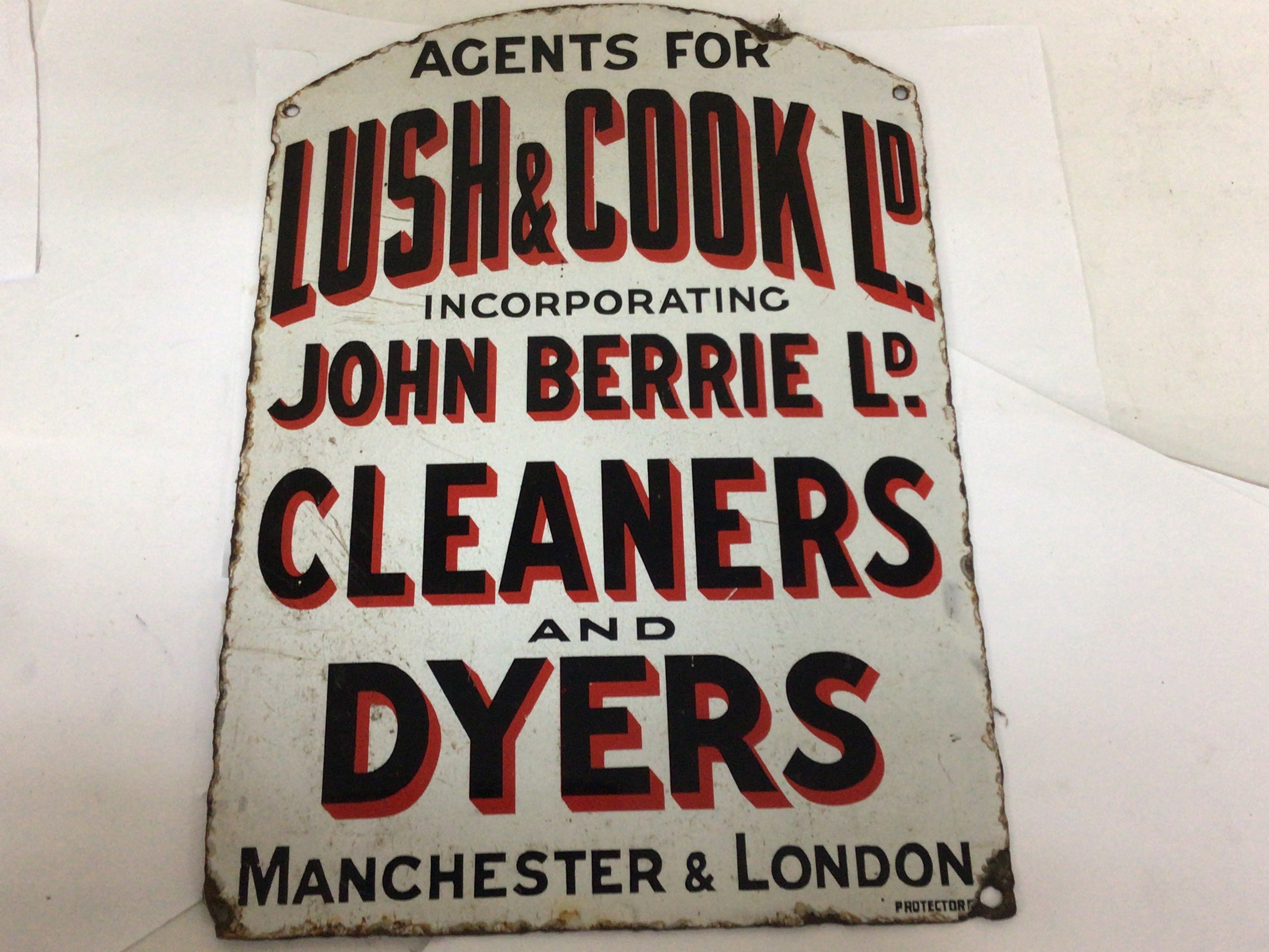 A Vintage enamel sign with an arch top Lush & Cook Ltd. Cleaners and Dyers Height 48cm x34cm 