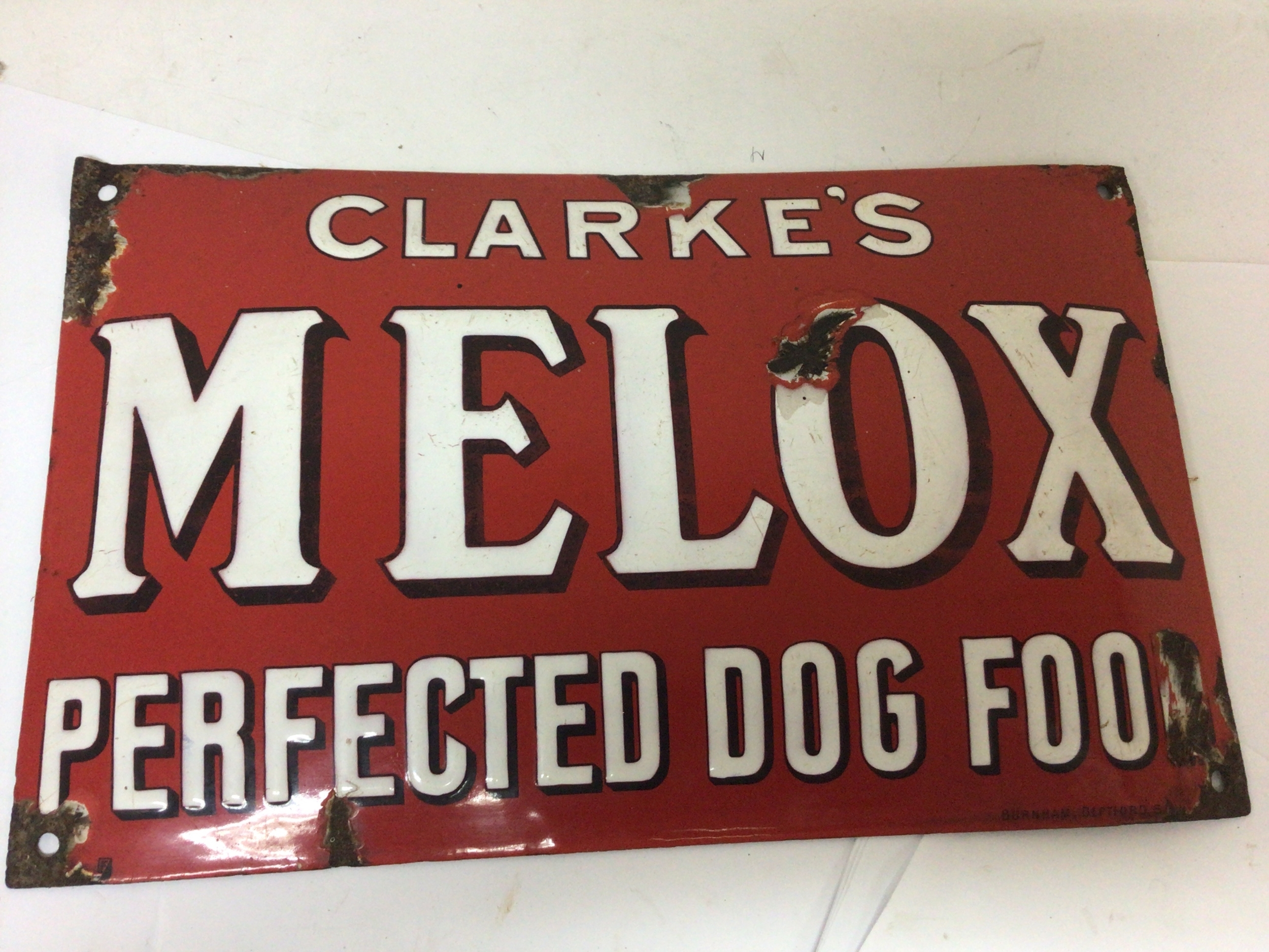  A Vintage enamel convex sign Clark's Melox Perfected Dog Food. 40x25cm 