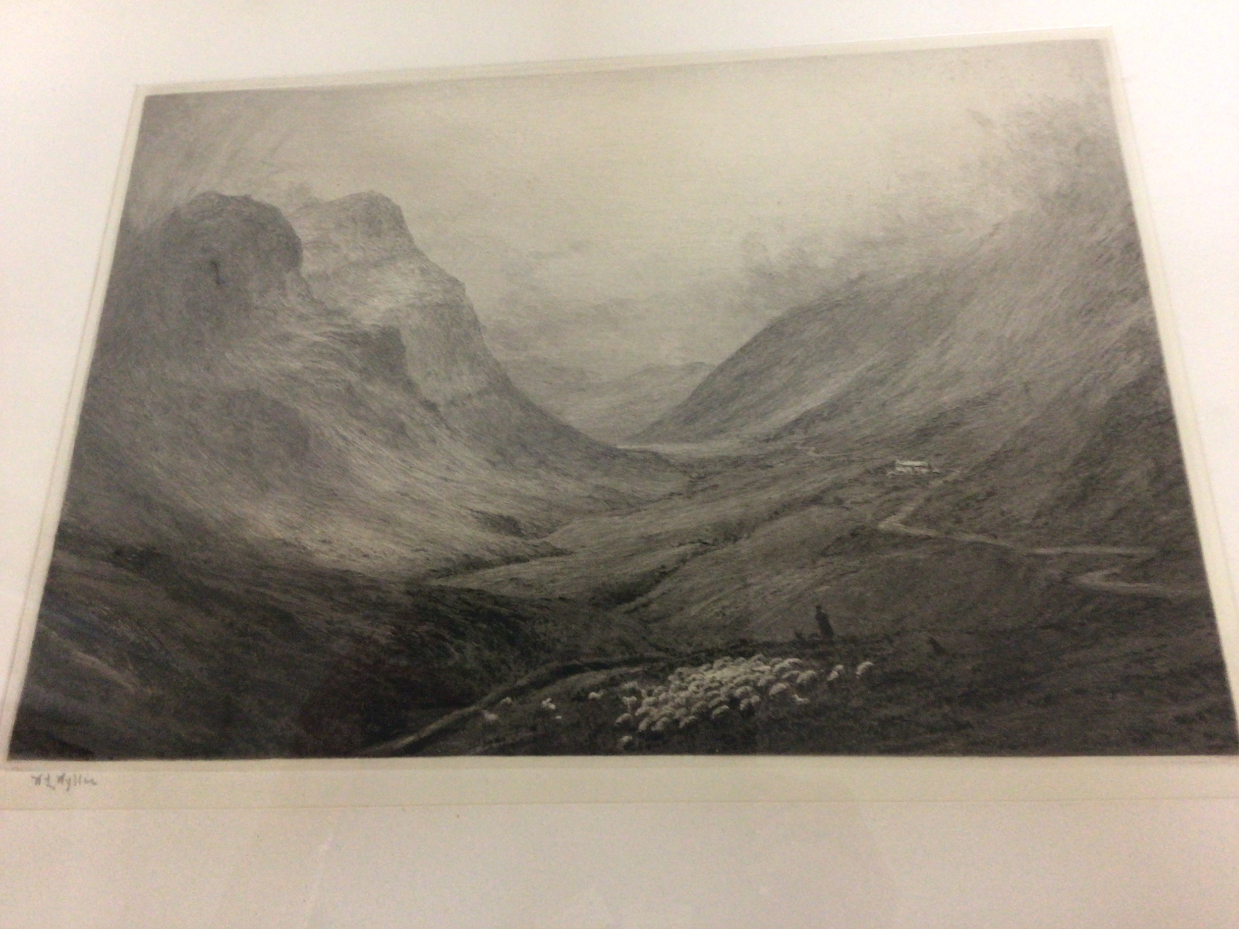  A framed drypoint engraving a view of Glencoe by William Lionel Wyillie (1851-1931) and one other Trout Fishing on the Test by Norman Wilkinson (1878-1971) maximum size 55x47cm (2) 