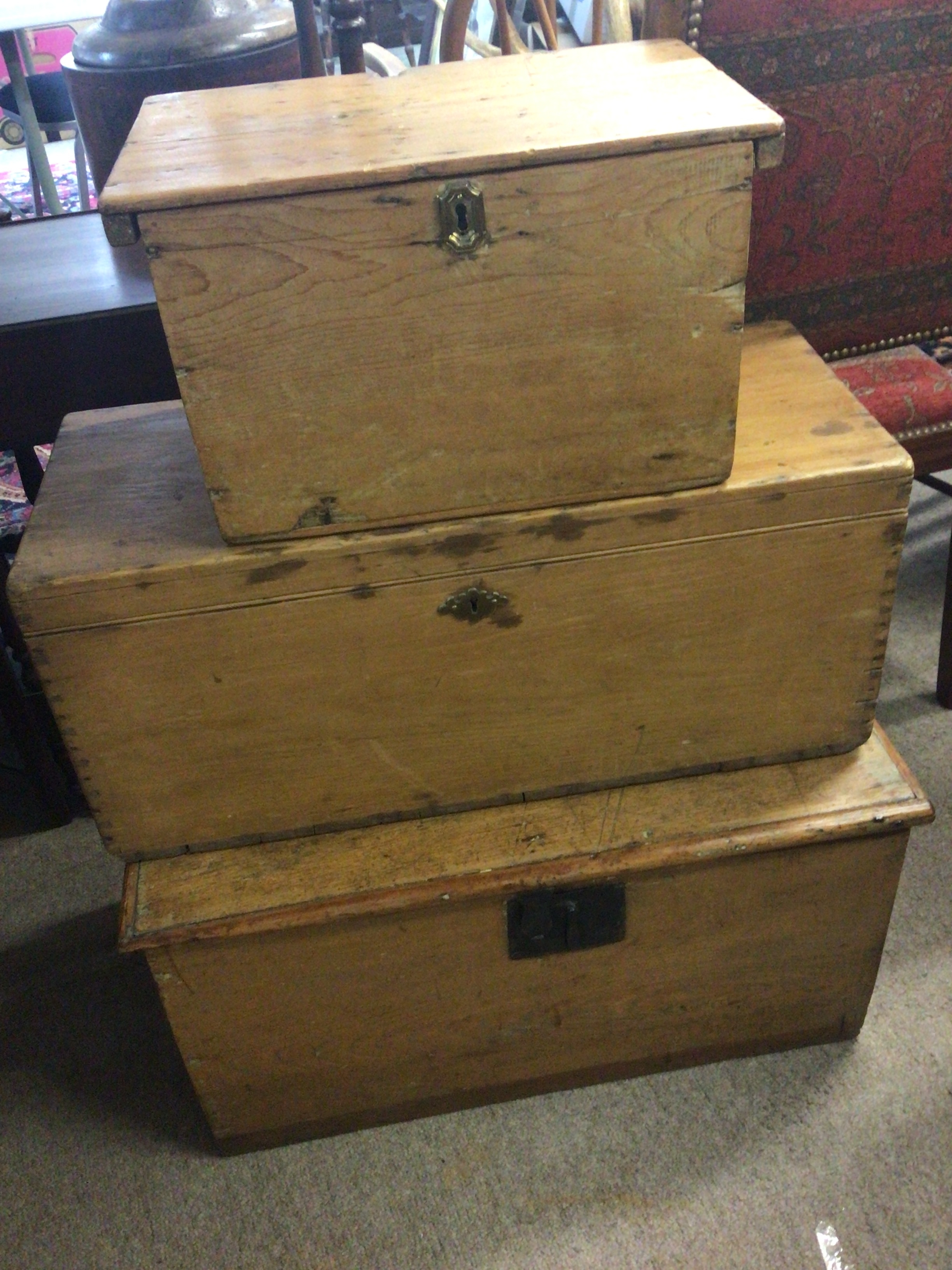 Three Victorian pine storage boxes maximum 66cmx38cm 