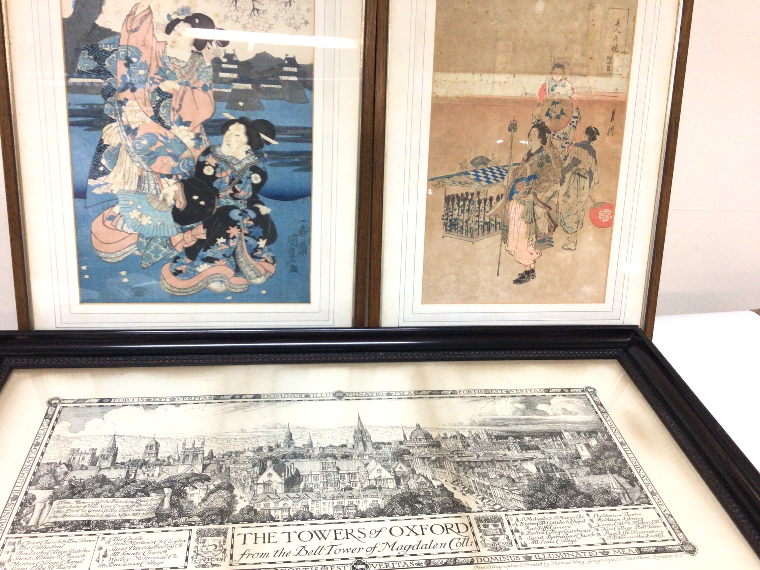 A collection of prints and pictures including 1908 print The Towers of Oxford Japanese prints and other Victorian and later prints. 