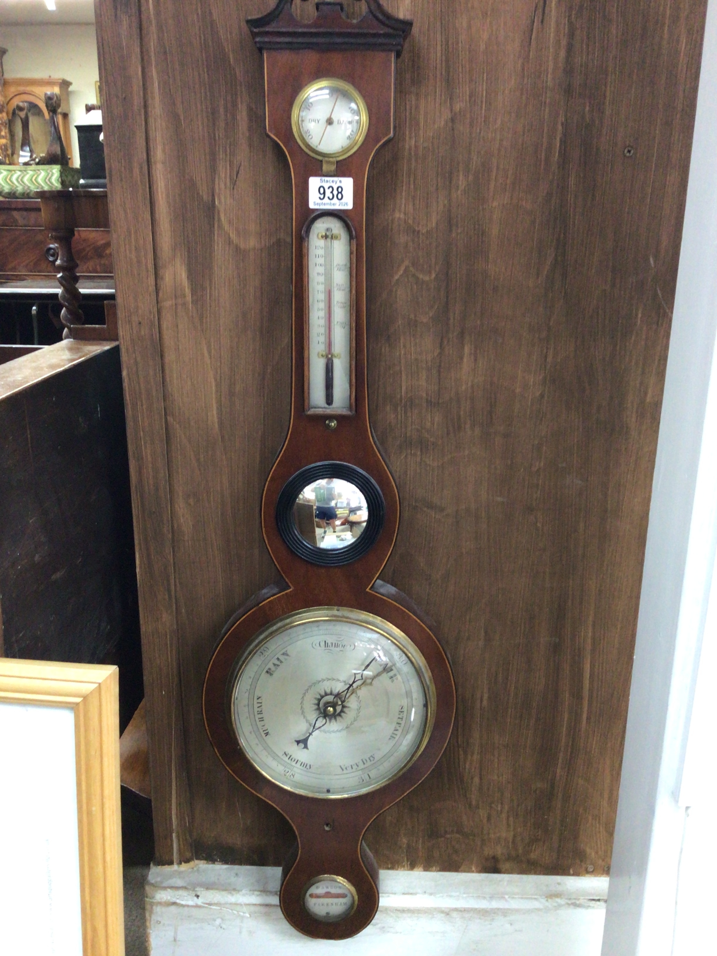  A late George III banjo barometer with silvered dial mercury tubed complete maker Dawson Fakenham 
