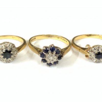 Three 18ct gold sapphire/diamond cluster rings. Approx ring size J,M,N. Approx 10.5g. Postage category A