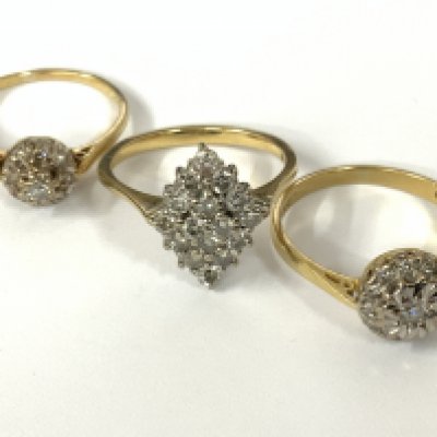 Three 18ct gold diamond cluster rings. Approx ring size M,N,P. Approx 9.6g. Postage category A