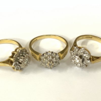 Three 18ct gold diamond cluster rings. Approx ring size K,M,O. Approx 10.9g. Postage category A