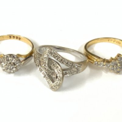 Three 18ct gold diamond cluster rings. Approx ring size L,M. Approx 11.8g. Postage category A